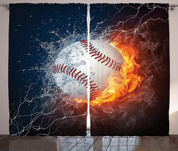 Vorhang, Sportvorhänge für Wohnzimmer, Baseballball auf Feuer und Wasserflamme, die Donner spritzt, kreative Kunst, Fenstervorhänge für Kinder