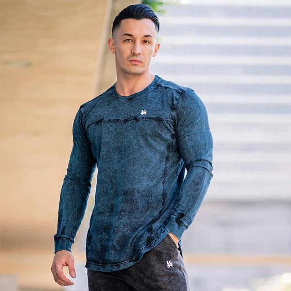 Camisetas masculinas de mangas compridas Camisa solta Ginásio Fitness Workout Male casual moda de retalhos de algodão camisetas