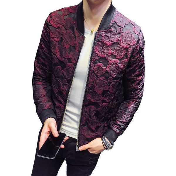 Giubbotti da uomo 2023 Autunno Jacquard BomberJacket Lusso Vino Rosso Nero Giacca da festa Cappotto Marchio di moda Fiore 4XL