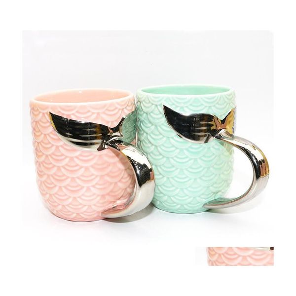 Tazze Coda di sirena Bicchiere in ceramica Tazza creativa Tè Tazza da caffè Colazione Tazze da latte con manico in oro Sier Viaggio Dbc Drop Delivery Hom Dhmo2