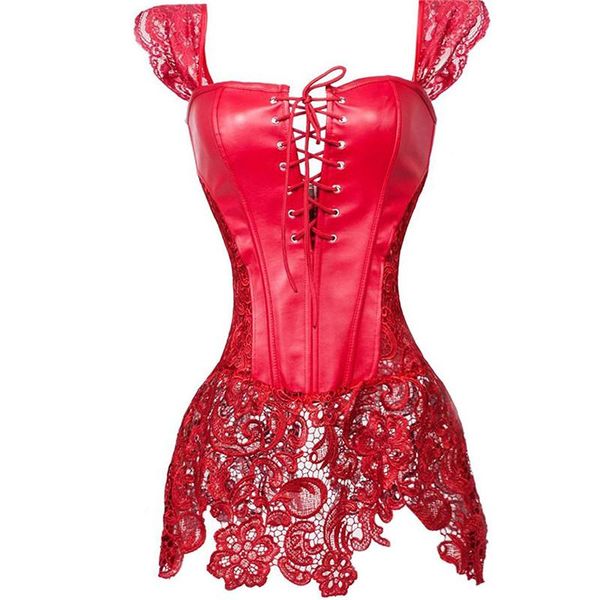 Bustiers Korsetts Sexy Frauen Gothic Korsett Bustier Kleid Faux Leahter Spitze Strap Taille Cincher Steampunk Shaper Unterwäsche Dessous Rot Plus