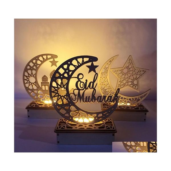 Partydekoration Ramadan Eid Mubarak Dekorationen für Zuhause Mond LED Kerzen Licht Holztafel Hängende Dekore Islam Muslim Event Sup Dherc