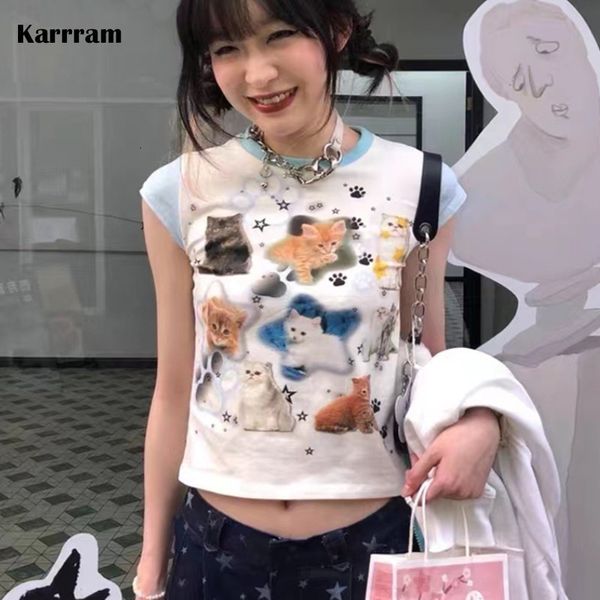 Damen T-Shirt Karrram Y2k Ästhetik Tops Japanisches Harajuku T-Shirt 2000er Jahre Kawaii Cat Print Kurzarm T-Shirts Fairycore Patchwork T-Shirt 230106