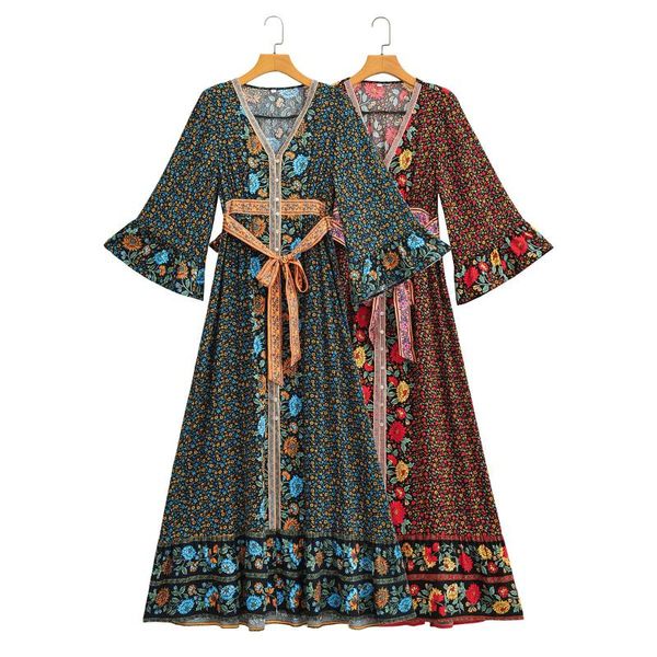 Casual Kleider Boho Stil Sommer Gedruckt Maxi Kleid Taste Unten Einreiher Floral Rayon V-ausschnitt Gürtel Chic Vestidos MujerCasual