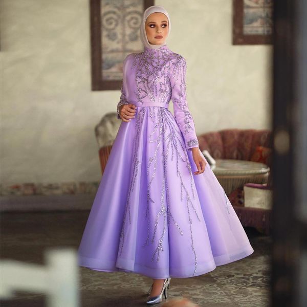 Lavendelfarbene Pailletten-Abschlussballkleider, applizierte muslimische Abendkleider mit langen Hajib-Ärmeln, hoher Ausschnitt, knöchellanger Organza, formelle Kleidung für besondere Anlässe