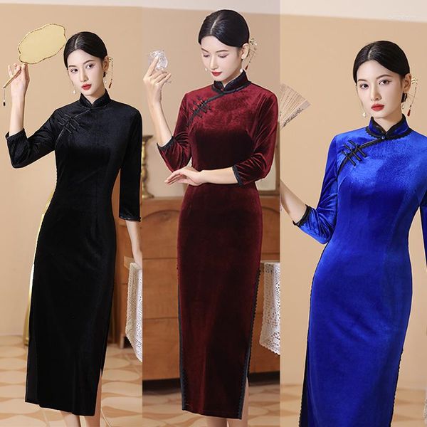 Ropa étnica mujer Otoño Invierno terciopelo Qipao vestido chino Vintage largo Cheongsam terciopelo elástico 3/4 mangas Festival vestido de graduación Plus