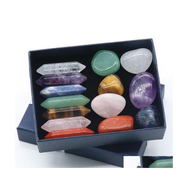 Свободные драгоценные камни 14pcs/set chakra Заживание Рейки натуральный камень гексагонный призма Proshik