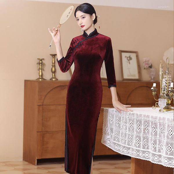 Ethnische Kleidung schwarzer langer Samt Cheongsam Dress Show Kostüm Vintage Frauen Qipao Winter weibliche Kleider Blau M bis 5xl