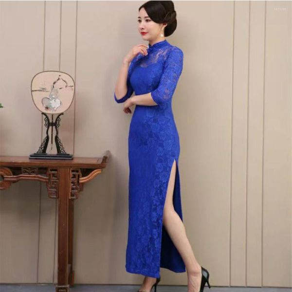 Roupas étnicas QIPAO Mostrar vestido longo azul Red Lace Red Cheongsam estilo chinês Retro Standing Collar Nine Point Menos de manga Cheingsam