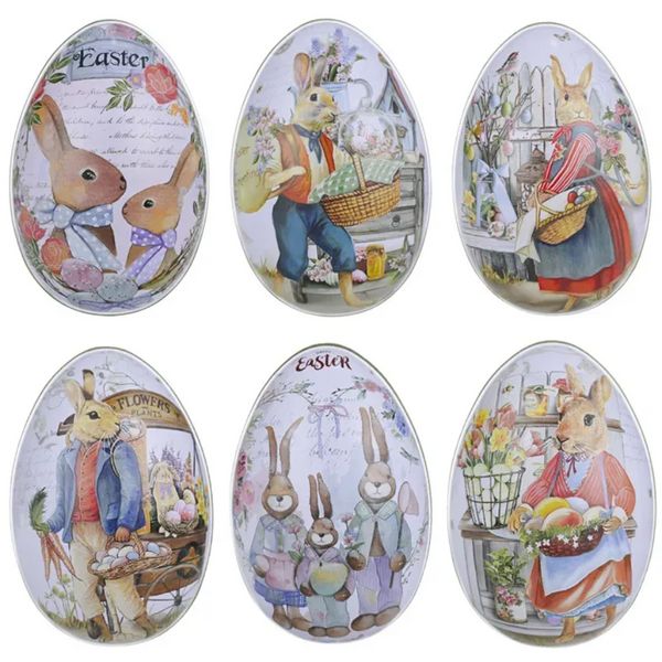 Ostern Weißblech Eiförmige Süßigkeitendose Hase Kaninchen Bedrucktes Metall Frühling Partybevorzugung Geschenkverpackung Aufbewahrungsbox S M L Größe 0107