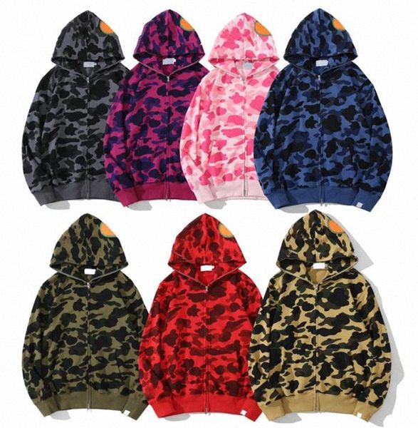 Mens Hoodie Tam Fermuar Up Shark Hoodies Kadın Tasarımcı Kamuflaj Bape Ceket Hoody Hoody Hooded Sweatshirt Adam Kadınlar Sıcak Uzun Kollu Teknoloji Polar