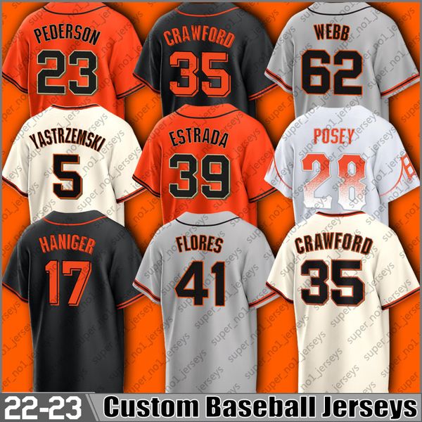 23 Joc Pederson Wilmer Flores Maglia da baseball Mitch Haniger Michael Conforto Thairo Estrada Mike Yastrzemski Maglie Brandon Crawford Evan Longoria Brandon Belt