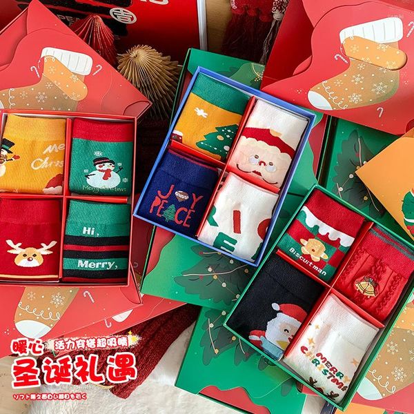Erkek çorap Noel hediye kutusu dört çift kızlar kırmızı karikatür sevimli orta yüzey pamuk yılı