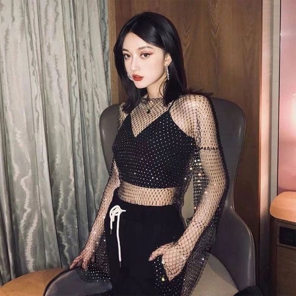 Frauen T-Shirt KLV Frauen Sommer Sexy Sheer Mesh Flare Langarm Glitter Diamant Fishnet Shirts Strand Cover Up Crop top 230106