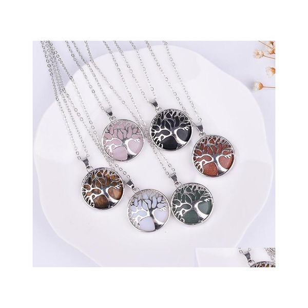 Collane con ciondolo Collana in pietra naturale Hollow Tree Of Life Pink Tigers Eye Healing Rose Quartz Crystal Charms Gioielli Donna Drop D Dhsqv