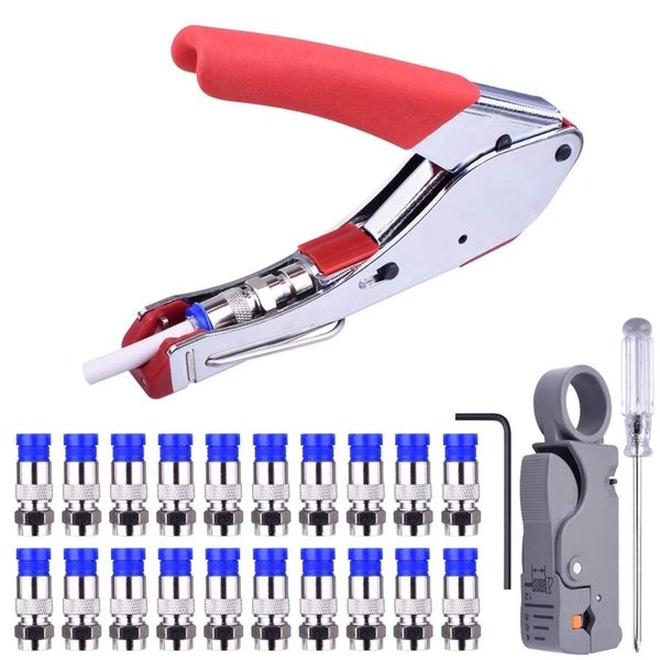 Andere Handwerkzeuge Kompressionsset Rg59 Rg6 Koax-Crimp-Doppelklingen-Koaxialkabel-Abisolierer mit 20 blauen F-Steckern 230106