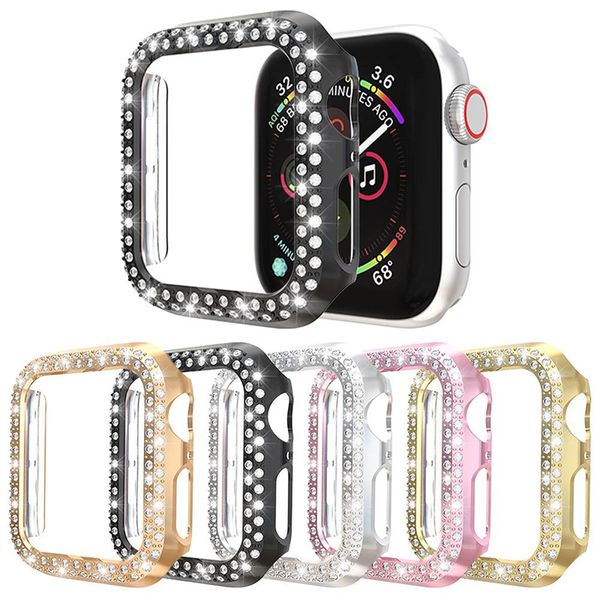 Pára-choque de diamante duplo para Apple Watch 8 Series 7 6 SE 5 4 3 Case Ultra 49mm 41mm 45mm 40mm 44mm 38mm 42mm capa protetora de tela de vidro proteger moldura