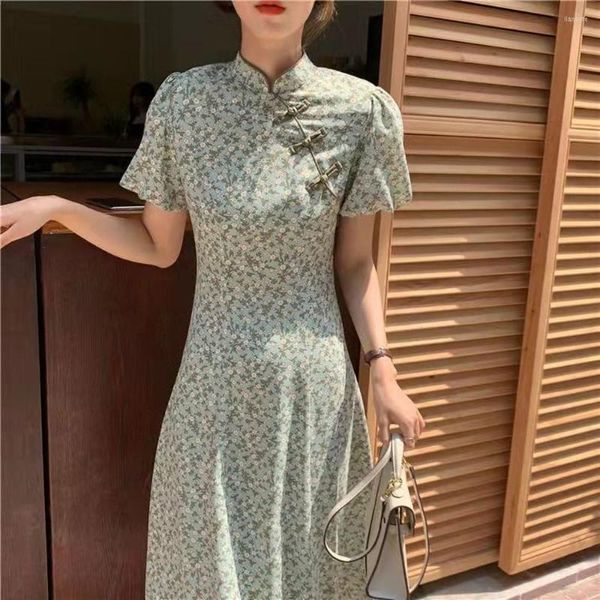 Abbigliamento etnico Myvision 2023 Stile cinese sottile chiffon manica a sbuffo a maniche corte linea verde abito da sera cheongsam moderno lungo