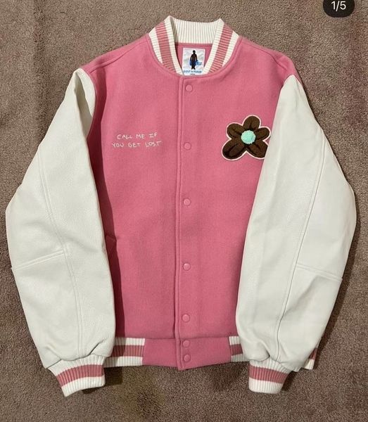 Мужские куртки Розовые роскошные мужские гольфы Flower Le Fleur Tyler The Creator Pu Leather Varsity Coats Down Cotton Warm Winter 16 230106