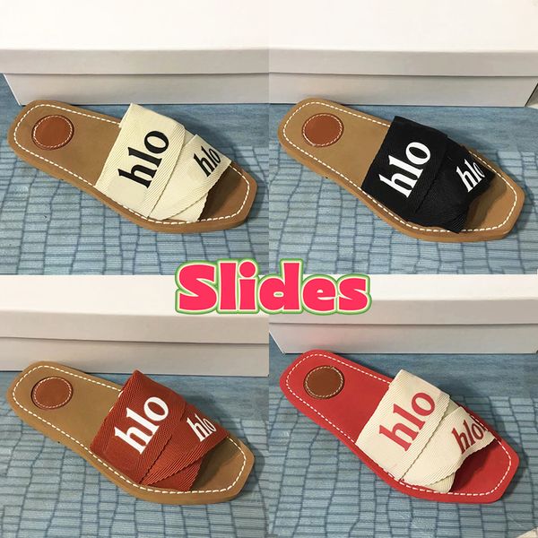 2023 Neue Designer-Hausschuhe CHLO Woody Flat Mule Slide Sandalen Paris Damenschuhe Segel Burgund Schwarz Weiß Rosa Mesh bestickt Leinen Blau Strand Outdoor-Slides