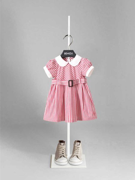 Mädchenkleider neue Mädchen Sommer Kinder Kurzärmel rosa gestreiftes Niedes Gürtel Design O-Neck A-Line-Prinzessin für T230106