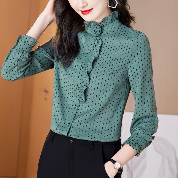 Frauenblusen Hemden koreanische Frauen Chiffon Bluse Langarm Shirt Frau Vintage Rüschen Tops Punkt Druck 3xl