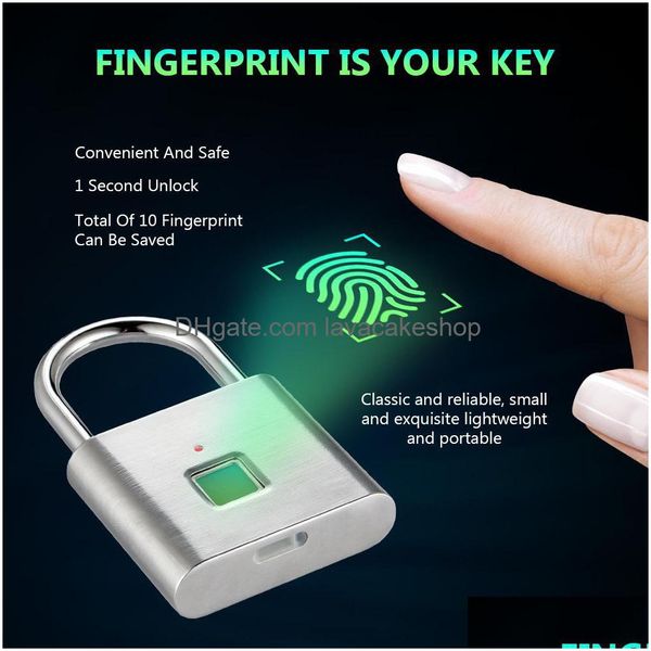 Türschlösser Fingerabdruck-Schloss Digital Candado Huella Smart Security Keyless USB wiederaufladbares Vorhängeschloss mit selbstentwickelndem Chip Y200407 Dro Dhdzm