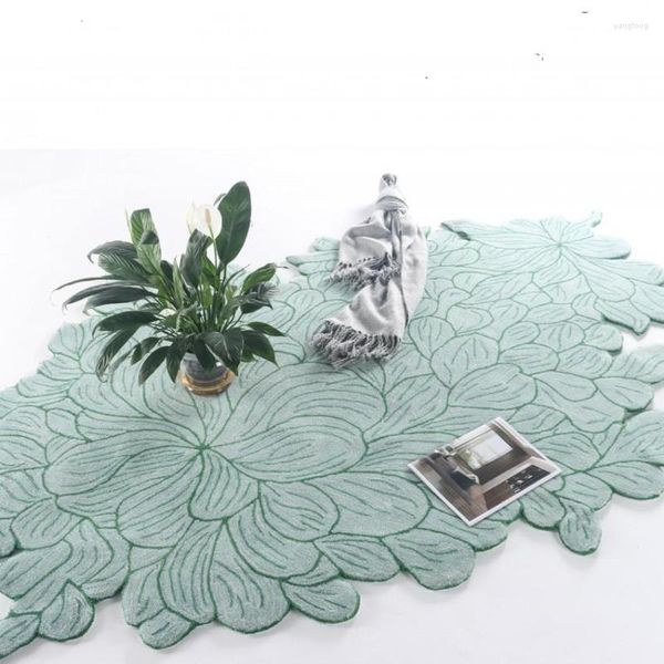 Tapetes exclusivos folhas verdes irregulares em forma de área artesanal tapete de estilo nórdico corredor bege decoração colorido de cabeceira tapete de chão