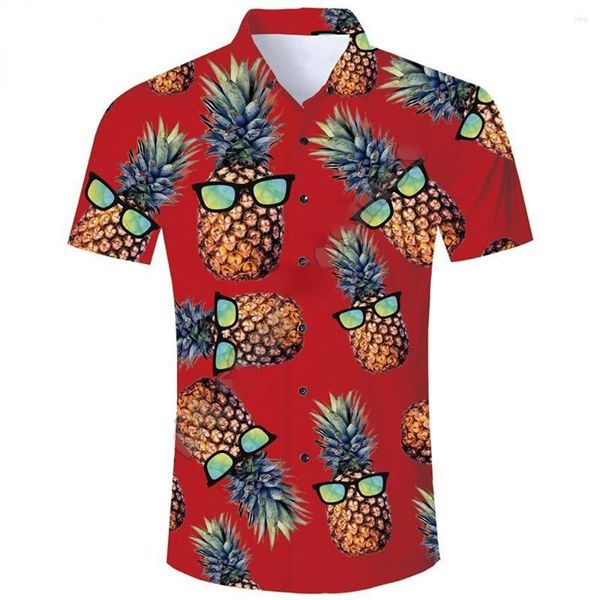 Мужские повседневные рубашки 2023 Лето Хараджуку с коротким рукавом Красный/Желтые Смешные Слакалы Ананас 3D Печать Гавайской рубашки Мужчина
