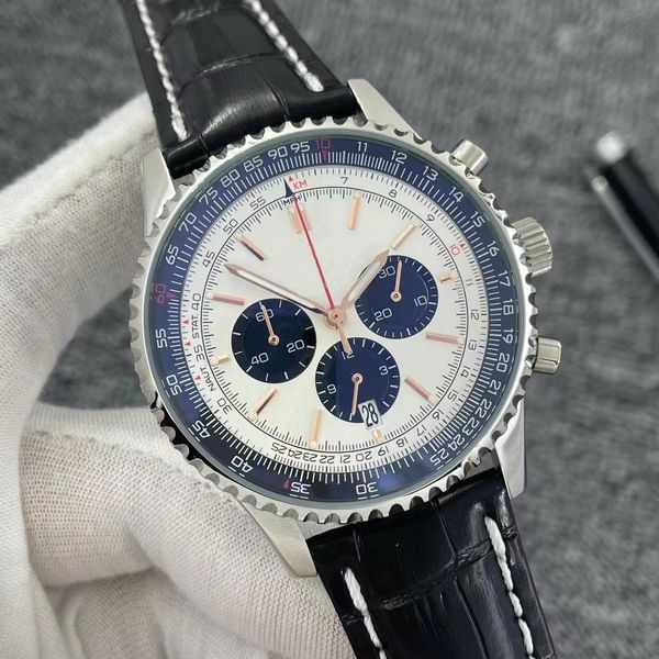 2023 U1 Top-grade AAA B01 46MM qualità Navitimer cronografo movimento al quarzo acciaio nero cerchio Sier quadrante 50esimo anniversario orologio da uomo cinturino in pelle da uomo