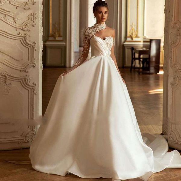 Affascinante avorio una spalla una linea abiti da sposa manica lunga collo alto in pizzo applique lunghi abiti da sposa in raso aperto indietro sexy vestido de novia