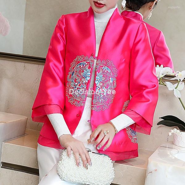 Abbigliamento etnico 2023 Cappotto tradizionale cinese da donna Ricamo floreale vintage Qipao Tops Maglietta orientale Hanfu Cheongsam Tang Camicetta