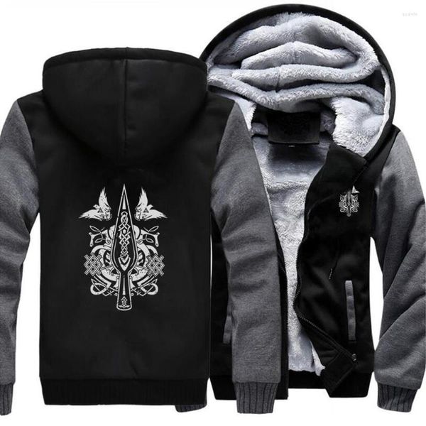 Herren Hoodies Saison Viking War Spear Lässiger Outdoor-Mantel Männer Bedrucktes Straßen-Sweatshirt Winter Warme, dicke, taillierte schwarze Jacken