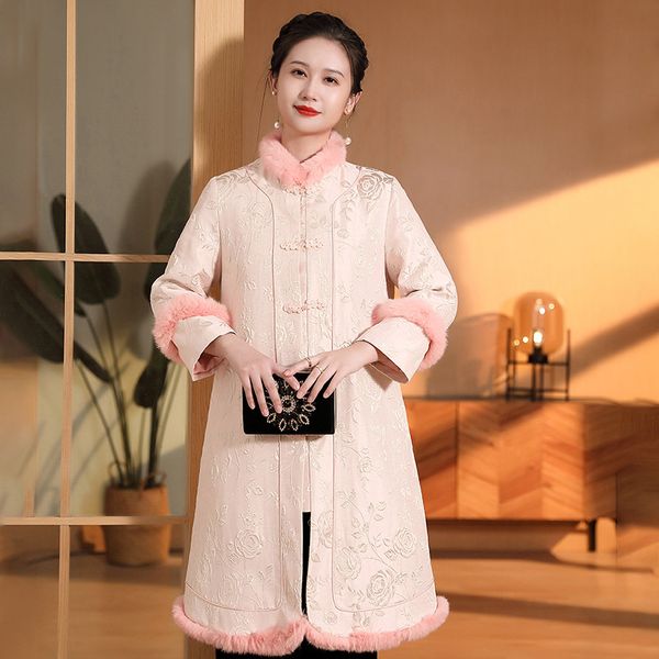 Kadınlar Etnik Giyim Sonbahar Kış Tang Takım Geleneksel Çin Top Mandarin Yakası Cheongsam Yeni Yıl Kostüm