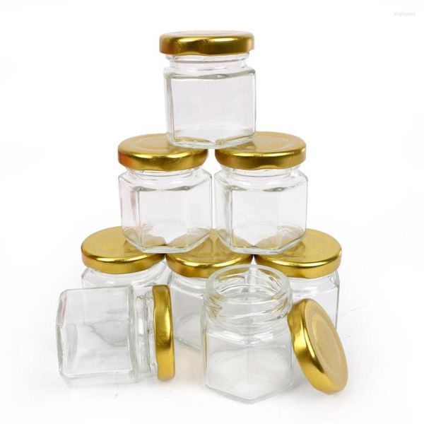 Garrafas de armazenamento 12pack 45ml Hexagon Mini Glass Honey Jars com tampas de dipper abelhas pingentes de pingentes perfeitos para chuveiros de bebê favores de festa de casamento