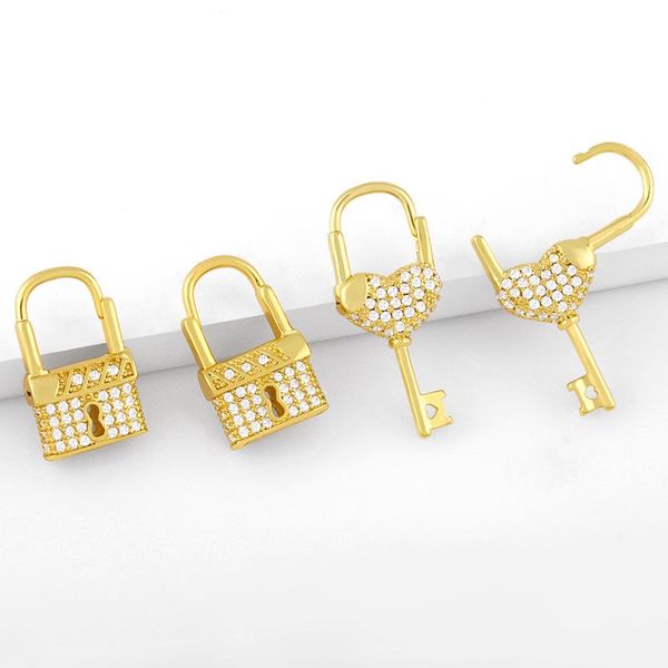 Brincos Dangle Micro Pave de coração Padlock de coração para mulheres Vermeil vermeil pequena trava de bloqueio Stone cz jóias simples Ersw10 lustres