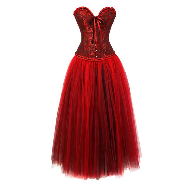 Bustiers Corsetsets Gothic Corset Top com Burlesque Long Salia Mulheres Plus Size Overbust Bustier Dress Victorian Red Dancing Vestres