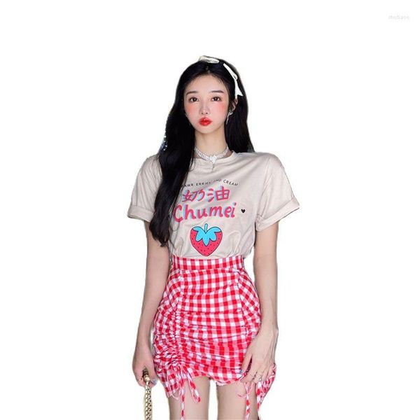 Vestidos de trabalho meninas doces Morango de impressão de morango mangas curtas Mini saia de verão Designs de moda de verão
