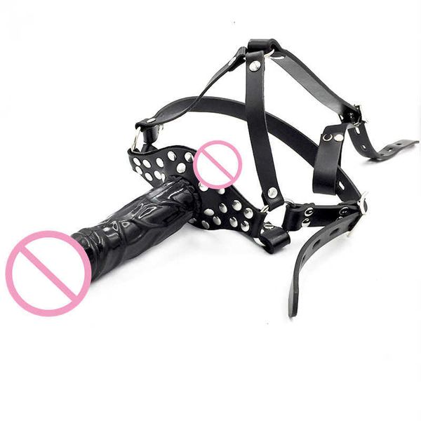 Sex Toys Double-Ended Dildo Gag Strapon Testa PU Imbracatura in pelle Bocca Pene Realistico Dick BDSM Erotico Adulto per donne lesbiche