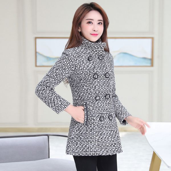 Frauen Wollmischungen M6XL Frauen Mantel Herbst Winter Mode Mutter Mantel Rollkragen Plaid Schlanke Lange Tweed en Oberbekleidung Weibliche 230107