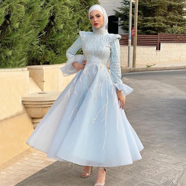 Hellhimmelblaue Pailletten-Abschlussballkleider, applizierte muslimische Abendkleider mit langen Ärmeln, hohem Ausschnitt, knöchellangem Organza, formelle Kleidung für besondere Anlässe