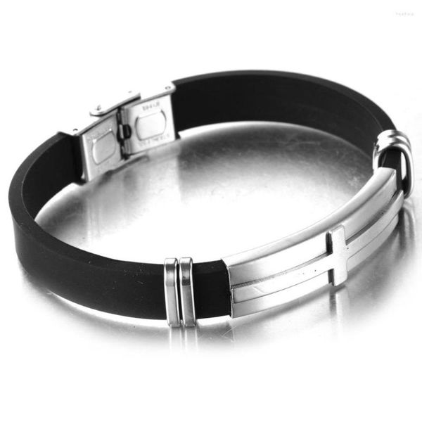 Pulseiras de link chegam a aço inoxidável cor de prata cruzada preto cadeia de silicone masculino pulseira de pulseira de pulseira jóias unissex de unissex