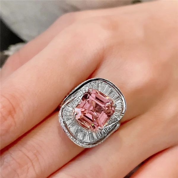 Luxo geométrico inteiro embutido rosa branco diamante 925 anéis de noivado de prata esterlina para mulheres noivas dama de noiva Jóias de casamento Irmãs presentes