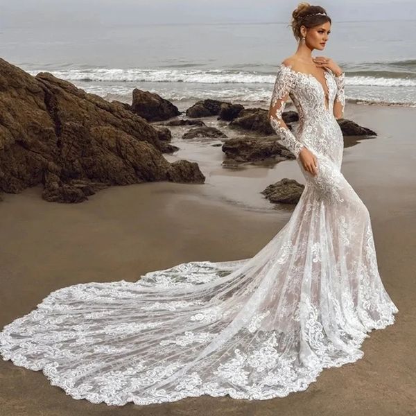 Longo sereia vestidos de noiva 2024 laço ilusão decote colher mangas completas capela trem plus size vestidos de casamento vestidos de novia 328 328