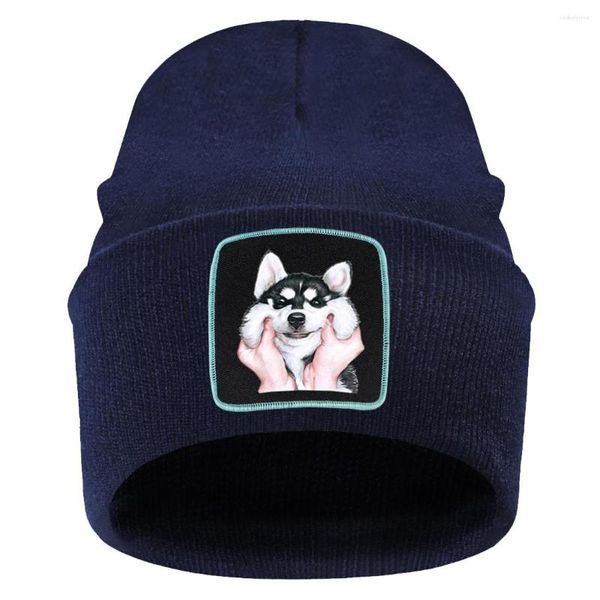 Berets 2023 Мода Unisex Beanie Husky милая собачья принт вязаные шляпы Черепа шапочки для мужчин зимняя уличная одежда теплые лыжные кепку