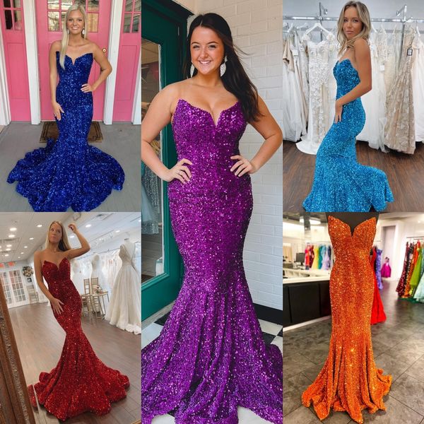 Straplez Velvet Sequin Prom Prom Elbise V Kesik Pırıl Plan Lady Preteen Teen Girl Pageant Elbise Resmi Parti Düğün Konuk Kırmızı Capet Pist Kraliyet Mor Kırmızı Turq