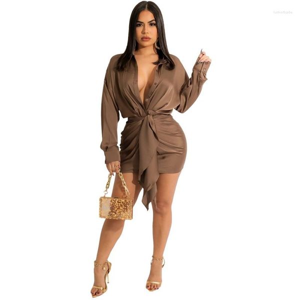 Lässige Kleider Damen Frühling gesammelt Knopf Krawatte Kleid einfarbig Satin Langarm Kurzarm Mode Sexy Shirt Femme Bluse Top