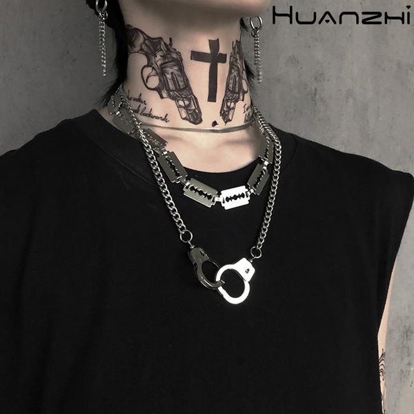 HUANZHI Individualität Punk Handschellen Klinge Dornen Slub Anhänger Hip Hop Silber Farbe Paar Halskette Für Frauen Männer Schmuck