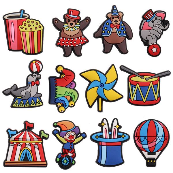 Großhandel 100 Stück PVC Zirkus Popcorn Zelt Seeelefant Bär Garten Schuhschnalle Jungen Mädchen Zubehör für Rucksack Charms Button Clog