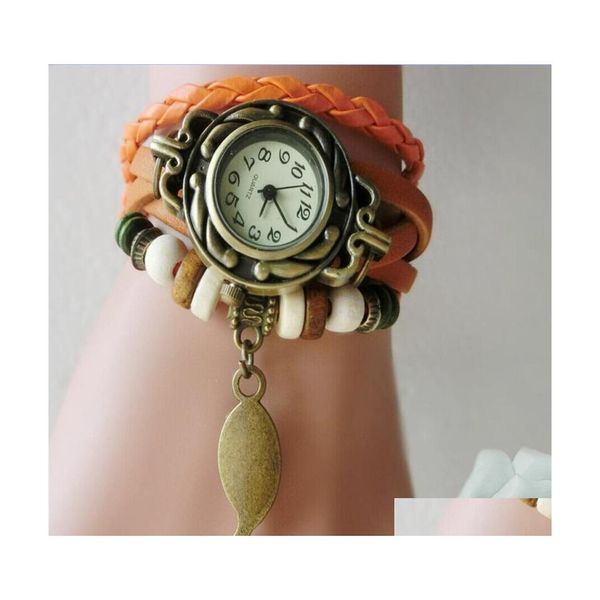 Orologi per bambini Braccialetti al quarzo retrò Ciondolo a foglia Cinturino in pelle Pu Abito da polso Bracciale Vintage Orologio da polso avvolgente da donna Ragazze Dhtft